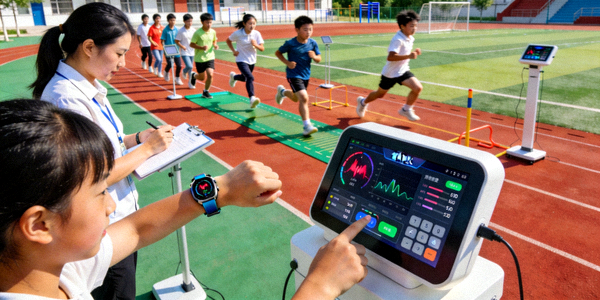 学校体育课堂上学生使用智能设备进行体能测试